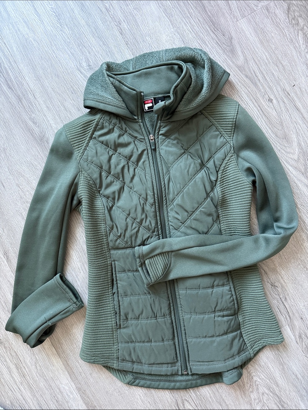 Fila Olive Quilted Hooded Jacket with Ribbed Panels